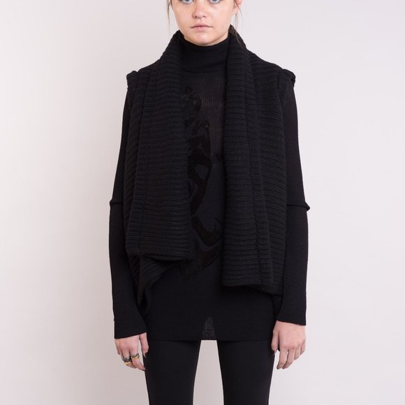ANN DEMEULEMEESTER • Asymmetric Black Wool Ribbed Fisherman Sweater Vest FR 40 M - Picture 2 of 15